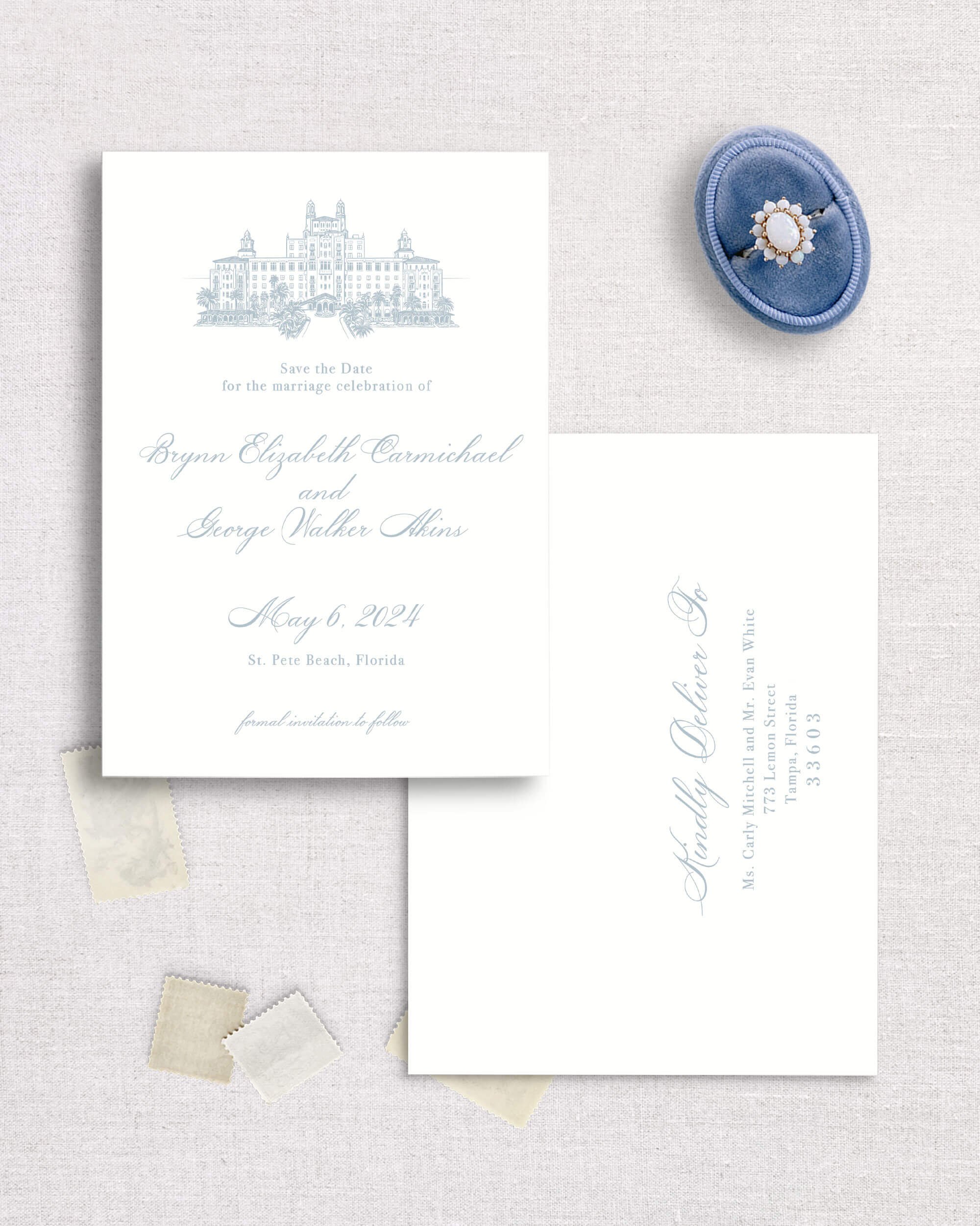 Brynn suite save the date wedding destination venue illustration line art Florida coastal timeless elegant simple design