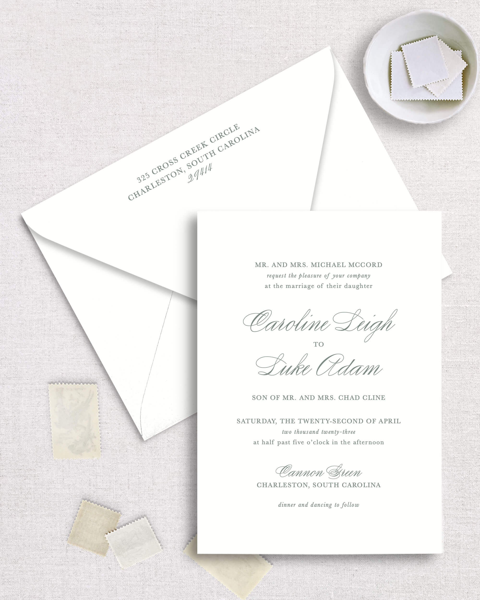 Caroline suite semi-custom wedding invitation classic souther romantic traditional script font with envelope addressing