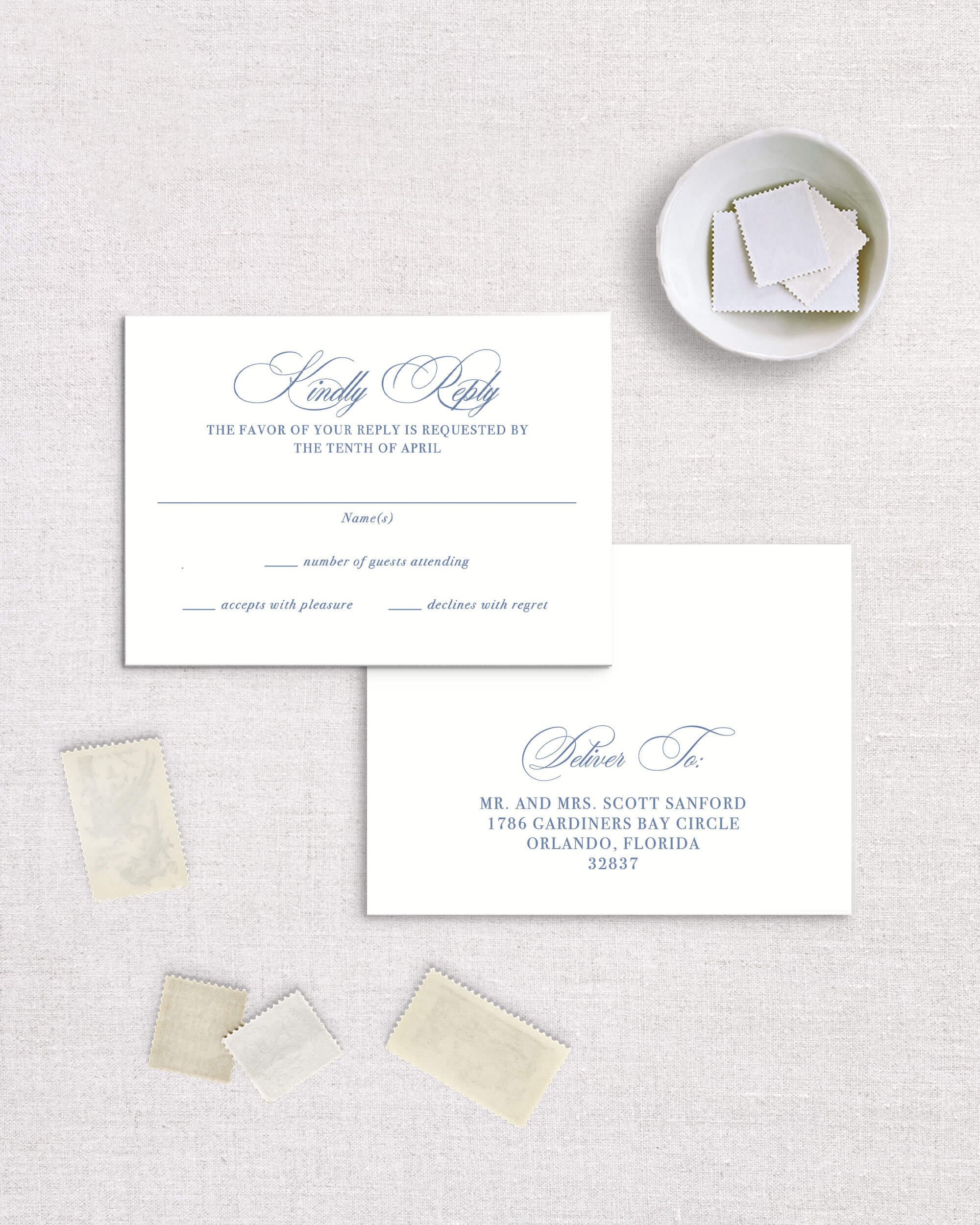 Anna suite template semi-custom wedding invitation reply rsvp card with envelope traditional elegant navy blue
