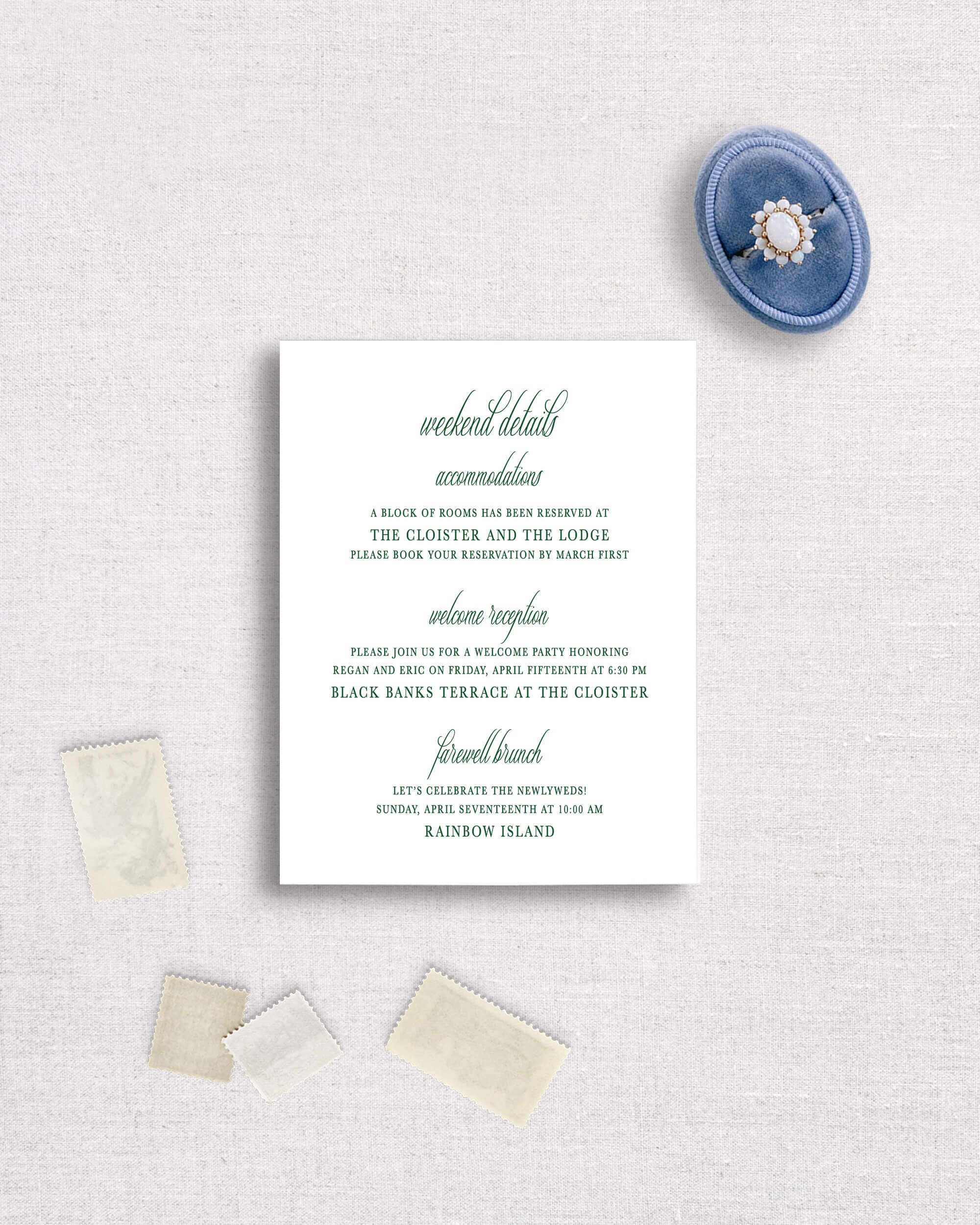Regan suite semi-custom invitation details card weekend events accommodations wedding guest details