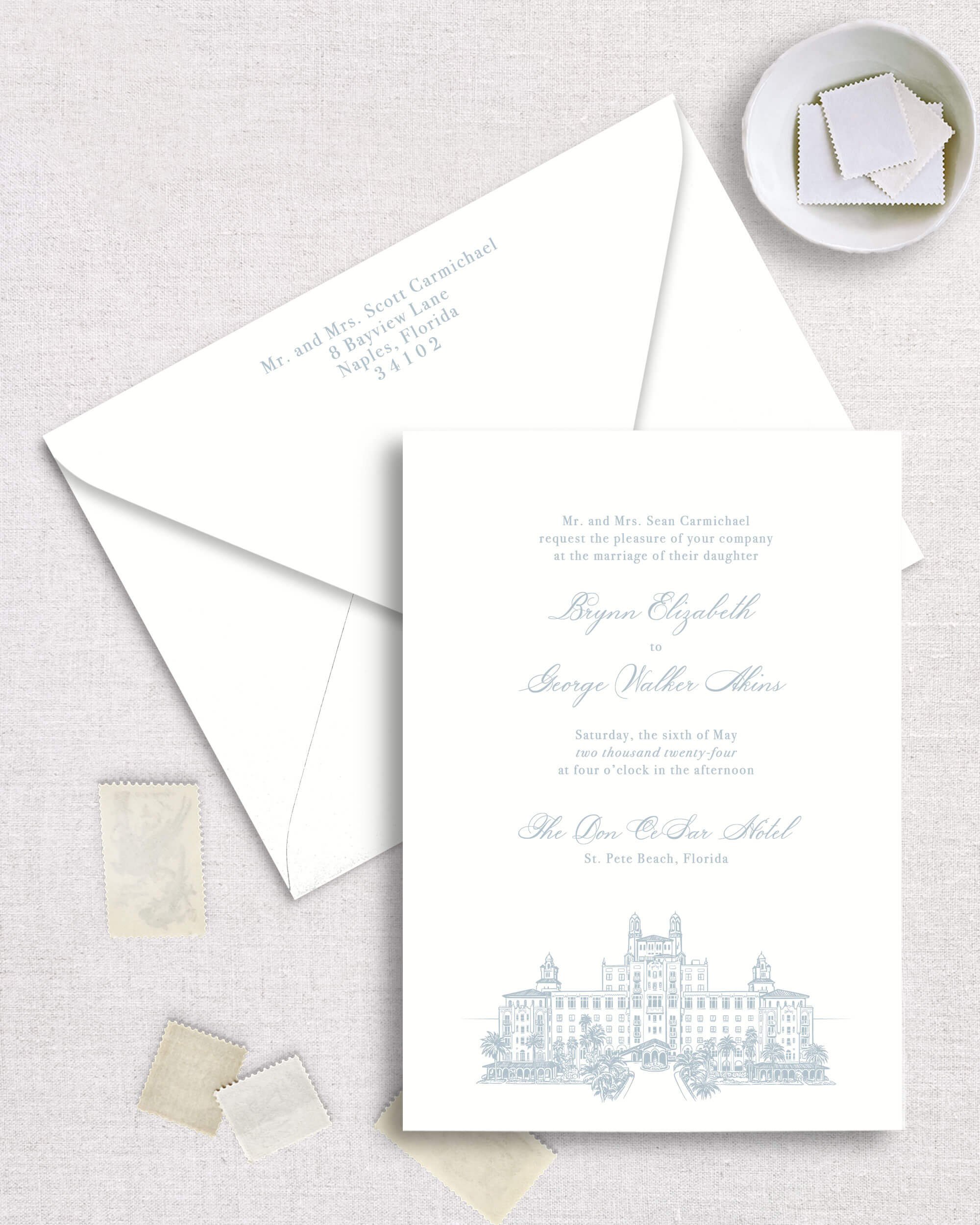 Brynn suite wedding invitation classic timeless coastal wedding custom venue illustration line art light blue elegant design