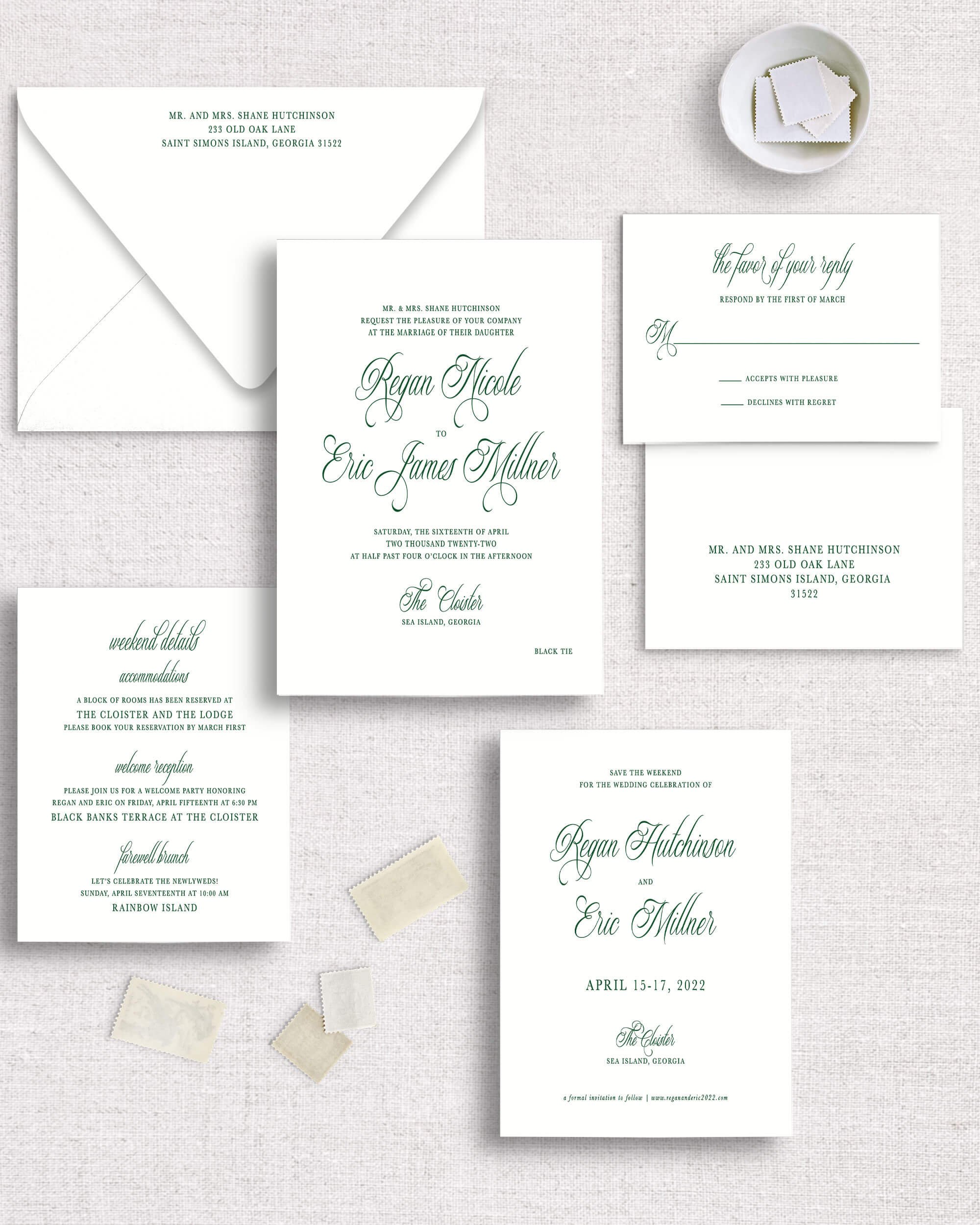 Regan suite semi-custom wedding invitation with save the date romantic traditional classic script font elegant
