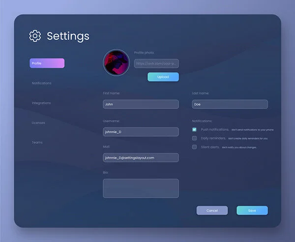 Settings page
