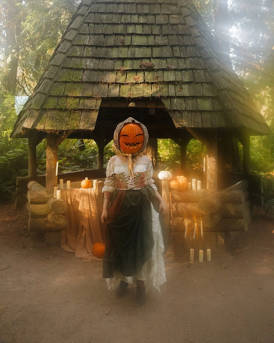 Deep in the autumn forest, where the air smelled of damp leaves and woodsmoke, there lived a witch with a pumpkin for a head. Her hollow eyes glowed like candlelight, and her smile was carved wide and jagged. Some swore she was born from the very vin