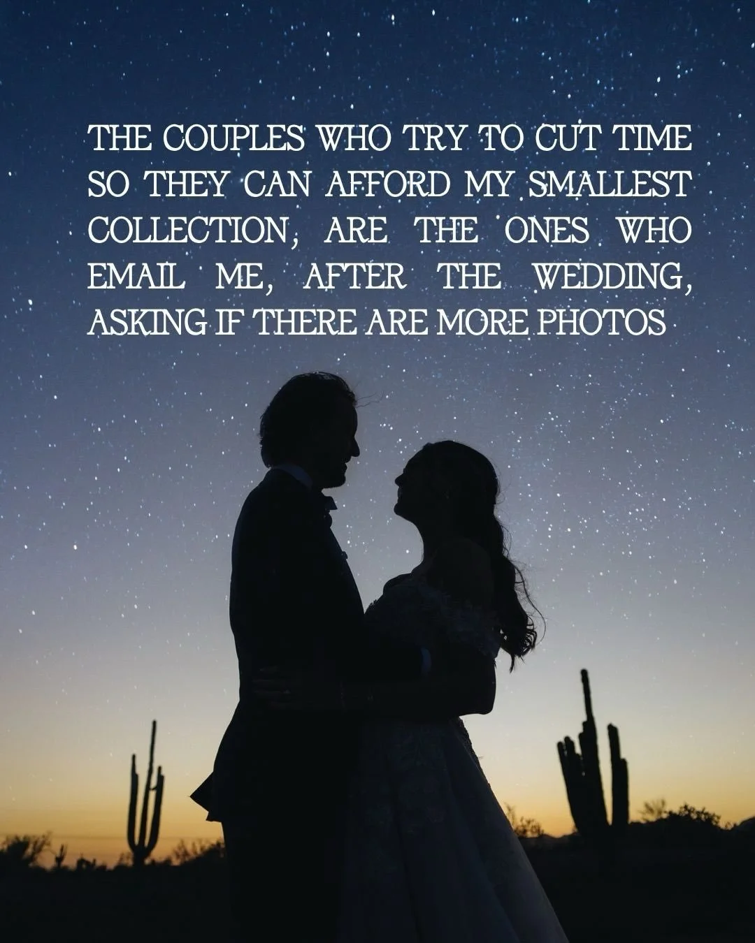 Every couple who&rsquo;s cut hours on their wedding day has sent the same email after the wedding. &ldquo;Is this the full gallery? I thought there&rsquo;d be more.&rdquo; There isn&rsquo;t more. This gallery is  exactly what the timeline allowed.

T