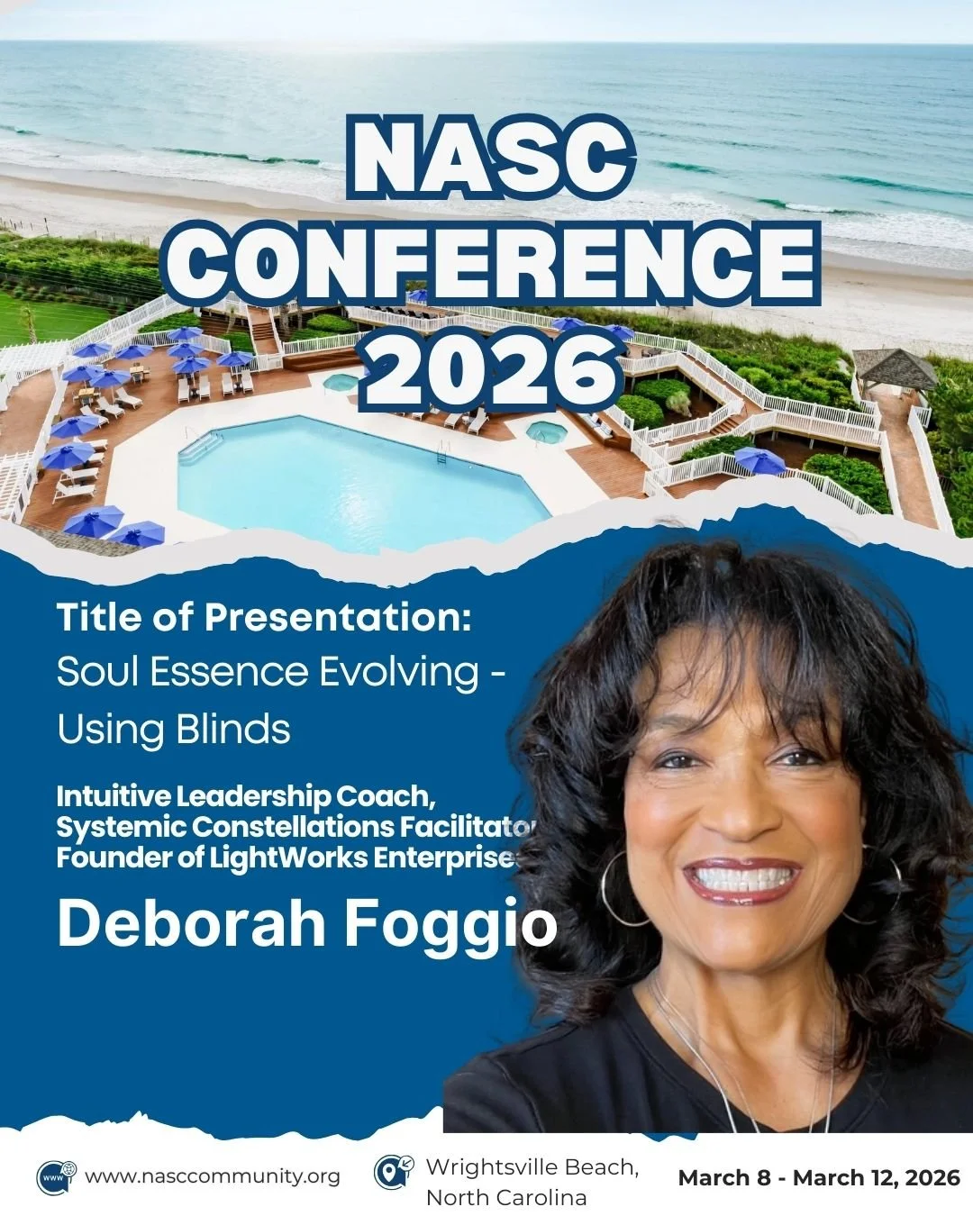 I have news I&rsquo;m really excited to share. 🤍
I&rsquo;m honored to be presenting at **NASC Conference 2026** 
March 8&ndash;12 | Wrightsville Beach

I&rsquo;ll be teaching **Soul Essence Evolving Systemic Constellations: Using Blinds**&mdash;a co
