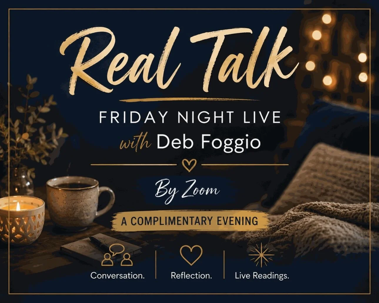 Real Talk &mdash; Friday Night Live with Deb Foggio
By Zoom

Real Talk is a live Friday night Zoom gathering for honest conversation, meaningful reflection, and shared human experience.

The first hour is an open space for people to talk, reflect, an