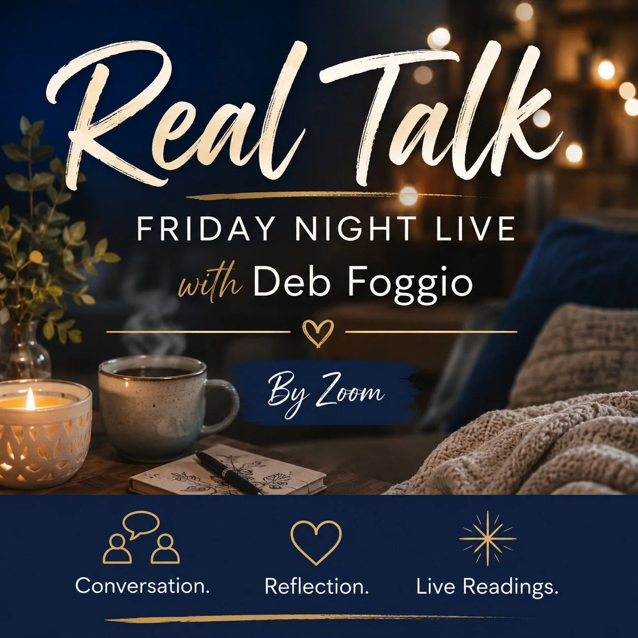 This Friday I&rsquo;m opening a new evening offering:

Real Talk &mdash; Friday Night Live with Deb Foggio

A live Zoom gathering for honest conversation, reflection, and live readings.

I wanted this evening to feel warm, thoughtful, and real &mdash