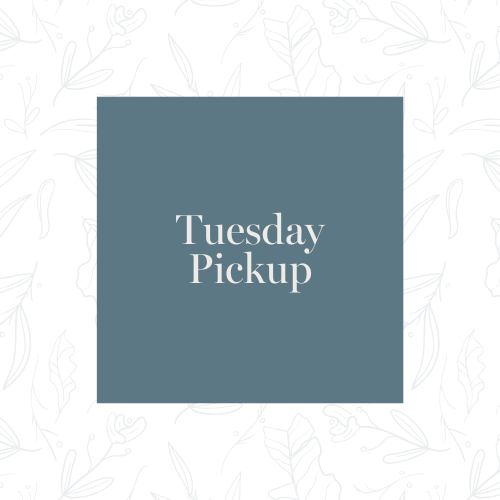 A graphic design with a background of faint leaf outlines and a large square in the center with the text 'Tuesday Pickup'.