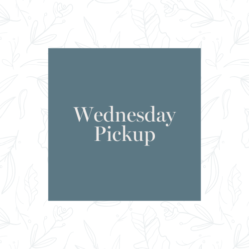 A graphic with a light background featuring leaf patterns, centered with a dark square containing the text 'Wednesday Pickup'.