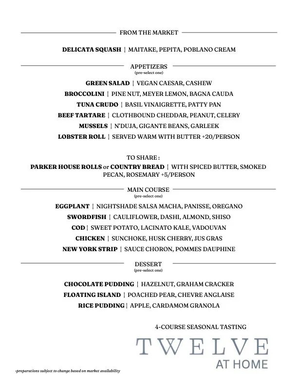 A printed dinner menu titled 'From the Market' listing various appetizers, main courses, and desserts with options to share, with seasonal tasting and a note about subject-to-change based on availability.