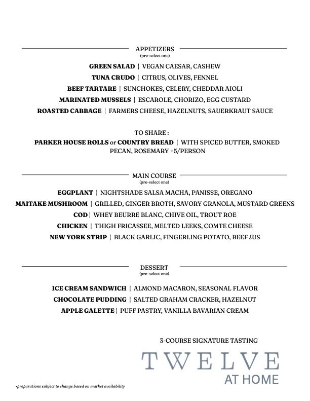 Menu featuring appetizers, main courses, desserts, and tasting options, including vegan Caesar salad, tuna crudo, beef tartare, marinated mussels, roasted cabbage, and dishes like eggplant, maitake mushroom, cod, chicken, and New York strip, with desserts like ice cream sandwich, chocolate pudding, and apple galette.