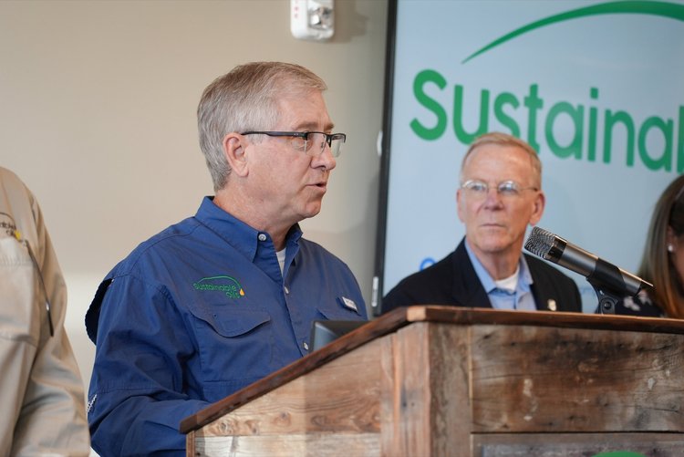  Sustainable Oils President Mike Karst speaks at the grand opening of their North American headquarters in Great Falls, MT.  