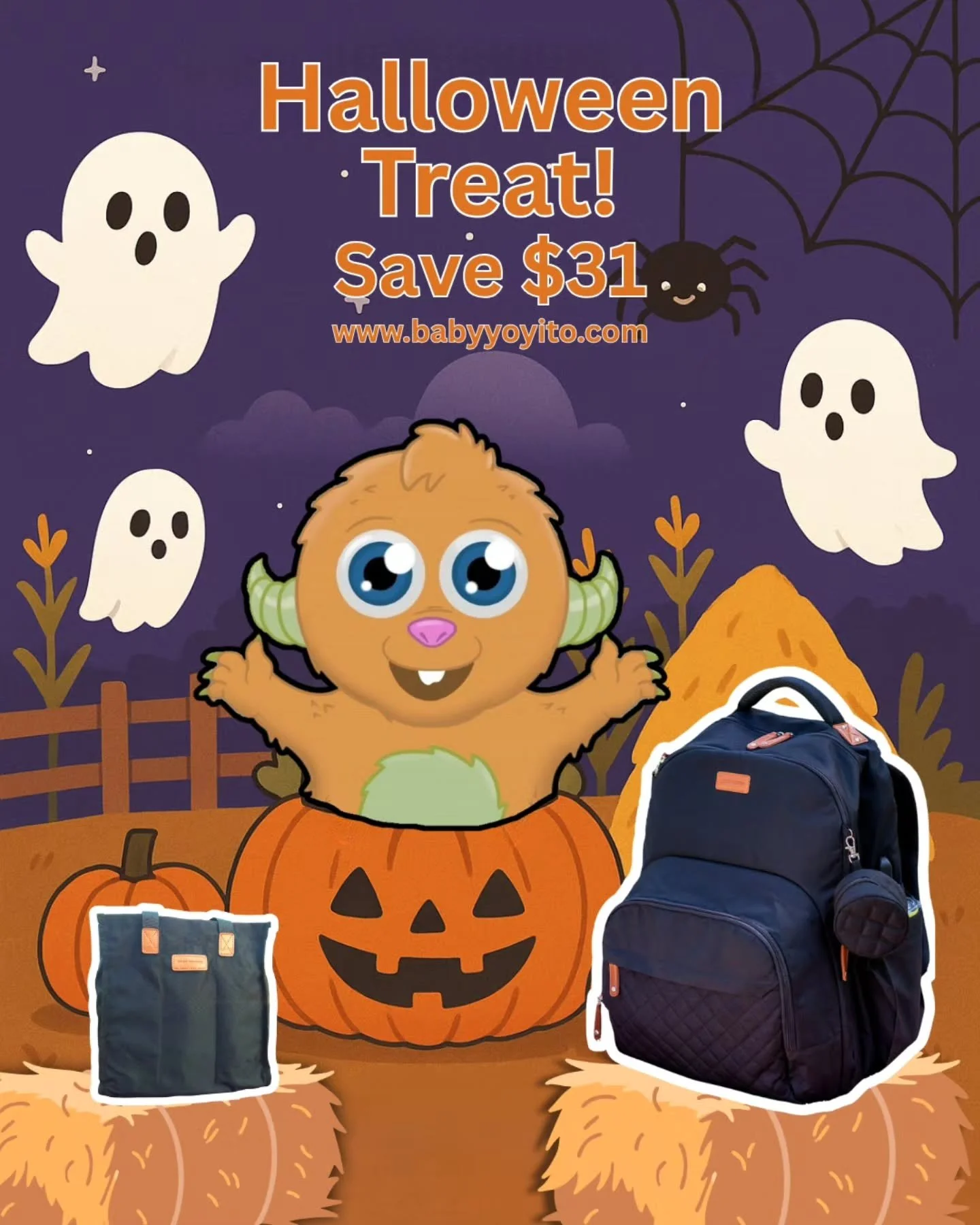 Visit BabyYoyito.com and save $31 off any diaperbag or diaper bag bundle! Plus free shipping on any order over $100 through Halloween! 

Simply use promotional code BOOBABY at checkout to save. 
Make pumpkin patch adventures easy with the Day Trip Di