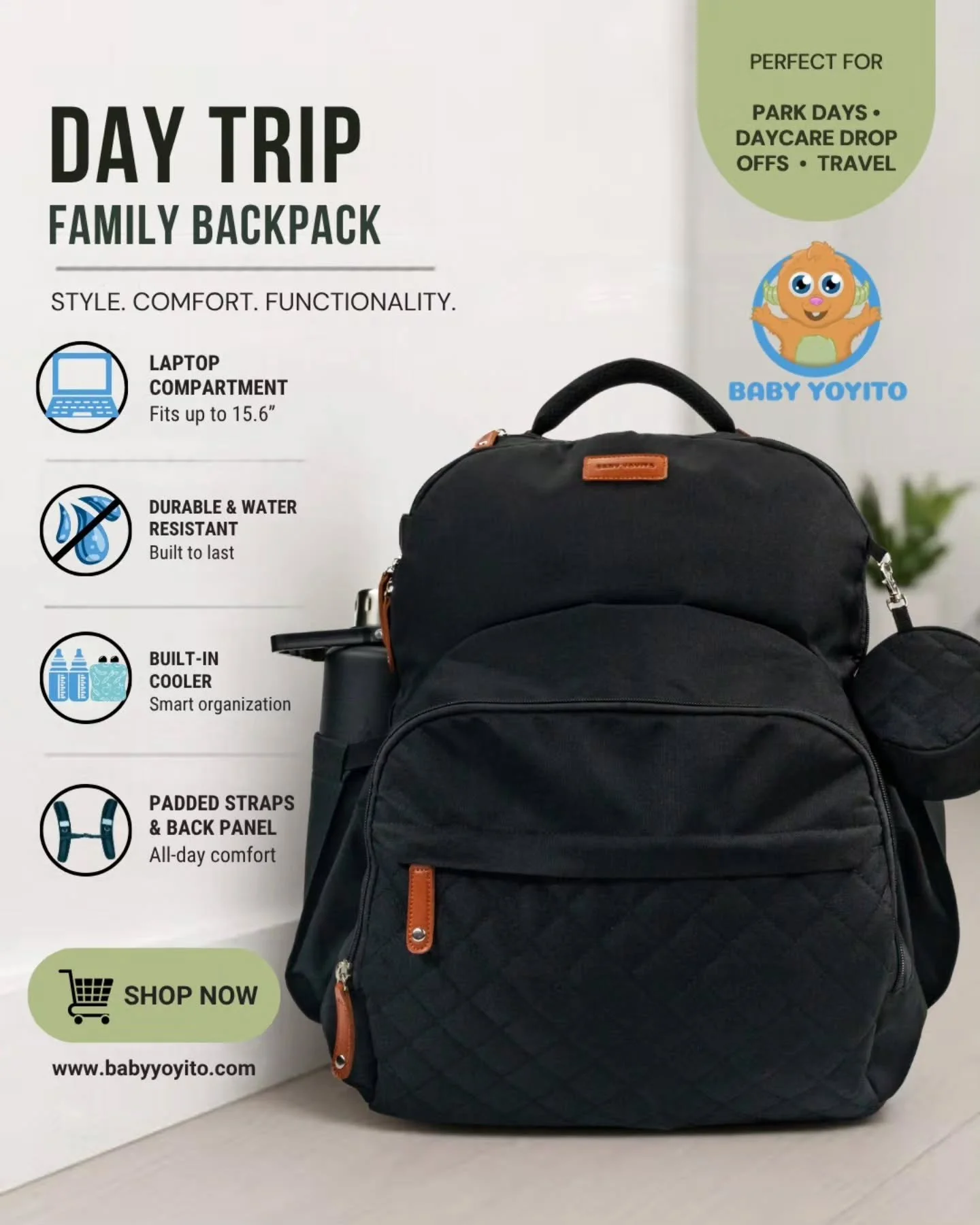Huge sale this October! Visit BabyYoyito.com and get your Day Trip Diaper Bag backpack today. Fast shipping, great for traveling as a carry-on, and easily fits everyone's essentials. 

Moms: no extra purse needed. Dads: finally, a bag that fits ALL y