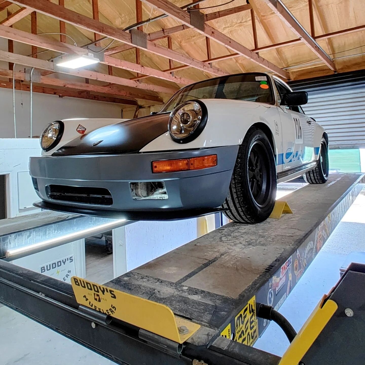 On the lift today we had a #porsche #carrera in to adjust his exhaust exit to fit his new bumper. Kept it tucked but clear of the bumper. Full exhaust coming next. This thing has a #flowmaster on it now. Sounds pretty good. Could be louder.
Who's nex