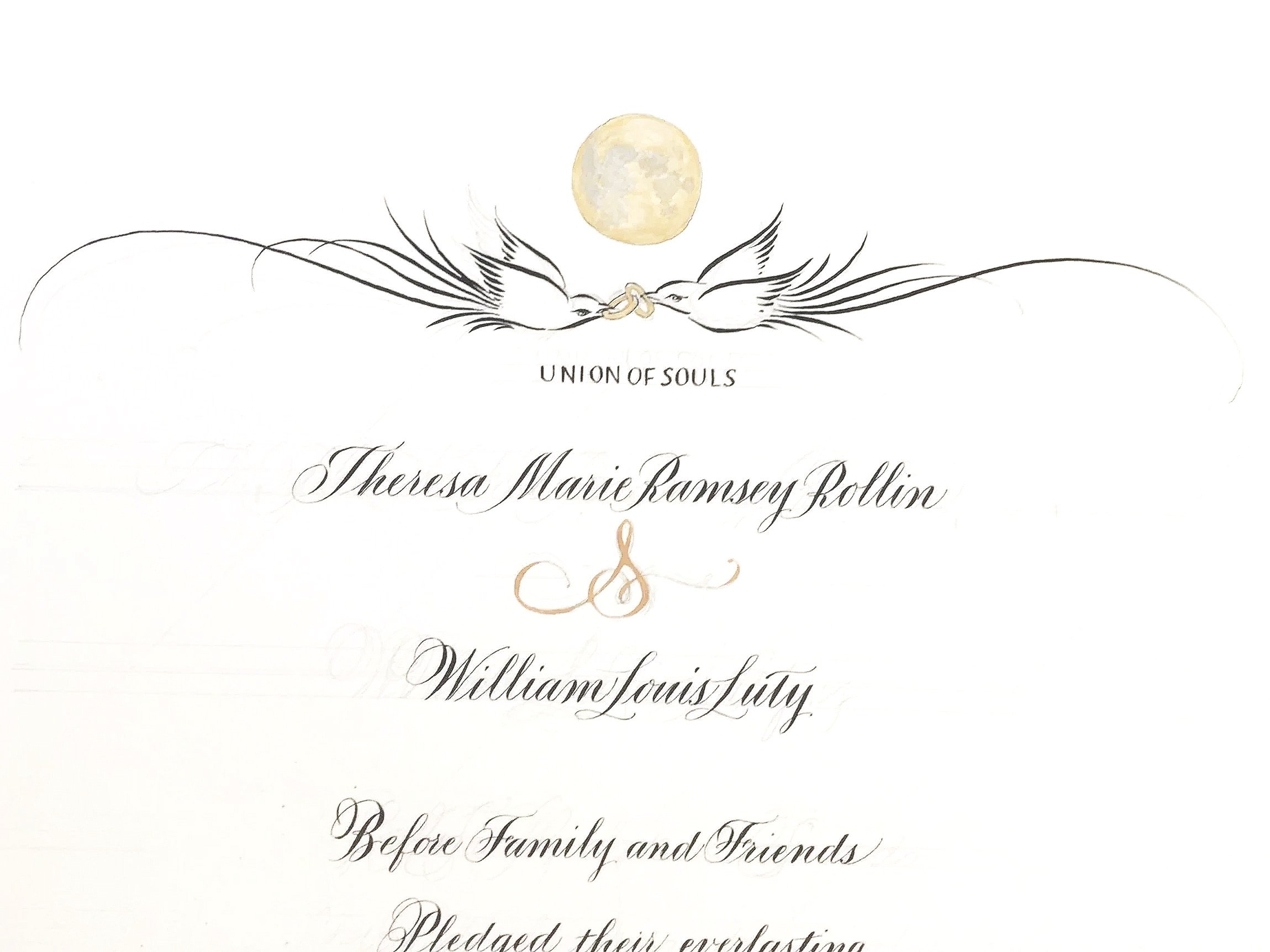 A certificate titled 'Union of Souls' awarded to Maile Rameyer Bellion, with decorative black ink illustrations of doves and a gold moon.