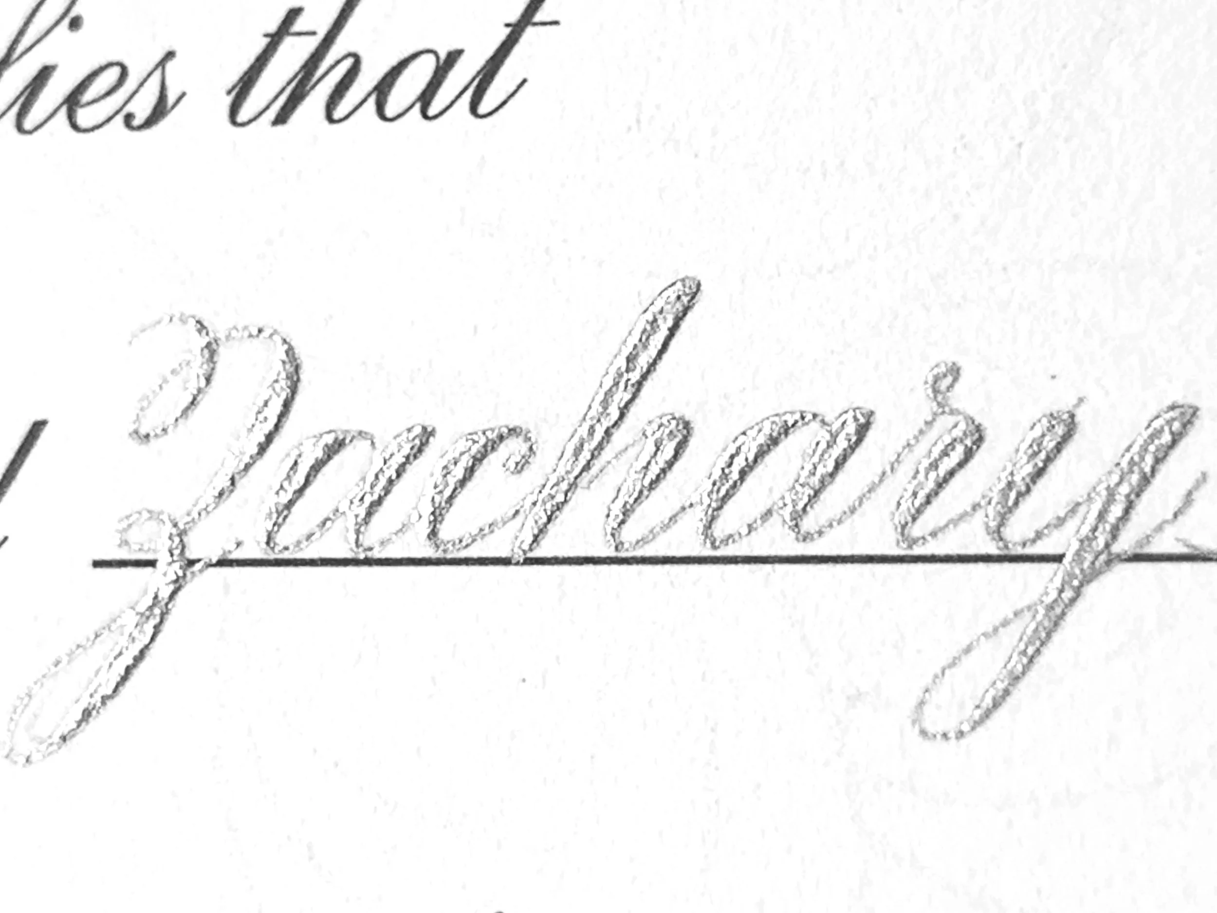 Close-up of handwritten text in silver metallic ink on a certificate fill in