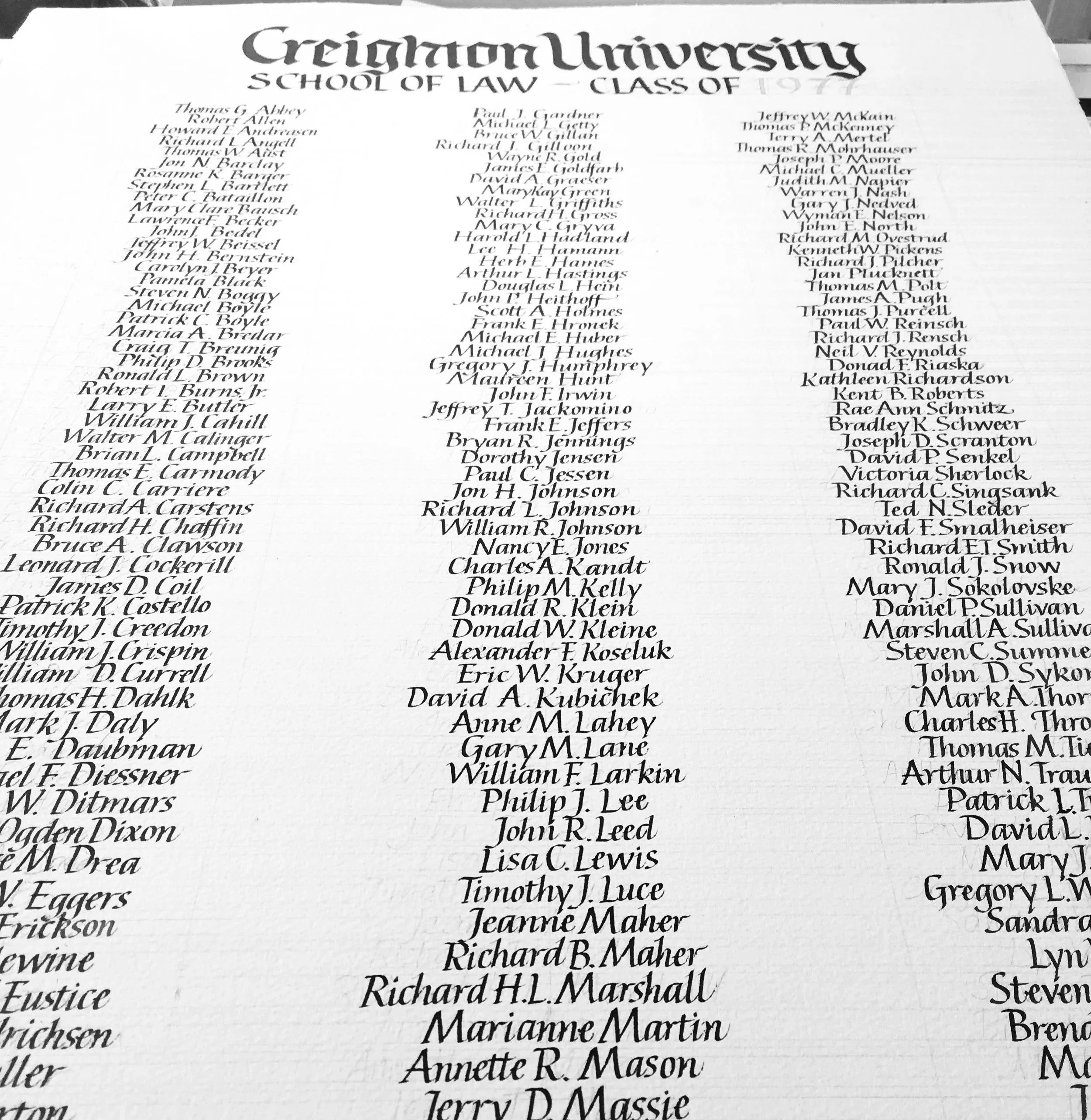 A printed list of graduates from Georgetown University School of Law, Class of 1977, with names organized in columns.