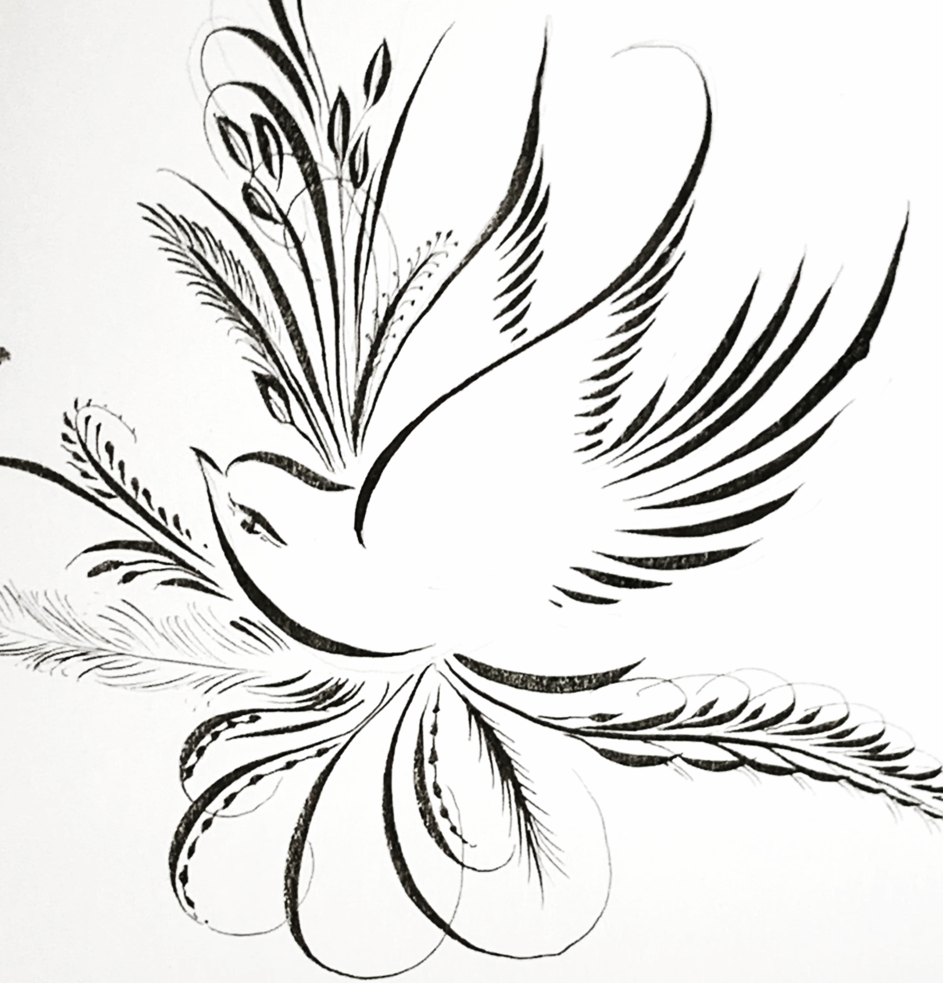 Black and white drawing of a dove surrounded by feathers with the words "Fantastic Flourishing" written below in elegant script.