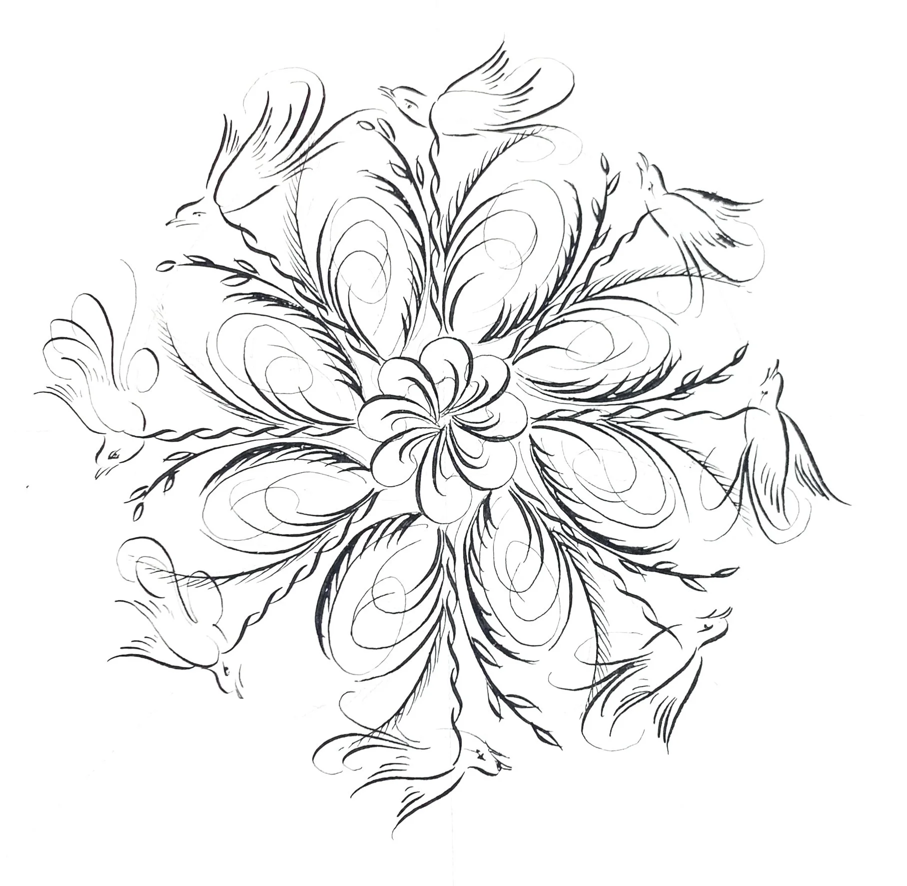 Hand-drawn floral design with swirled petals and leaves