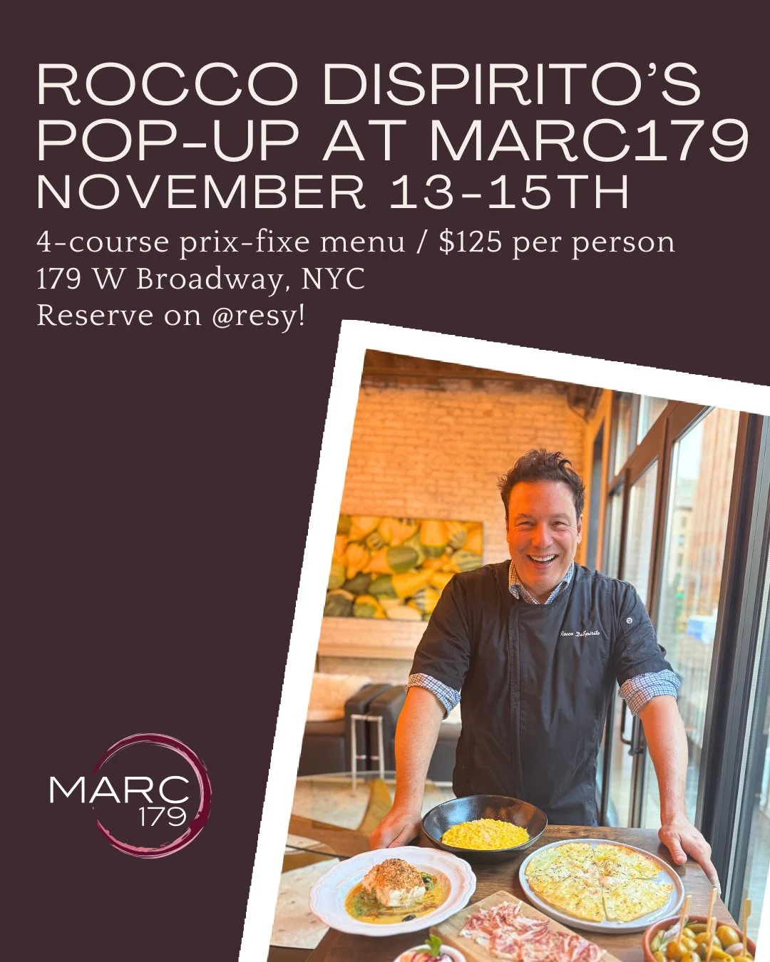 Reminder: Rocco DiSpirito&rsquo;s November Pop-Up at @Marc179nyc is this week (Nov 13&ndash;15). I&rsquo;m in Umbria picking olives for @umbriangold, and Rocco&rsquo;s taking over the kitchen.⁠
⁠
He&rsquo;s bringing his signature Italian flair and so