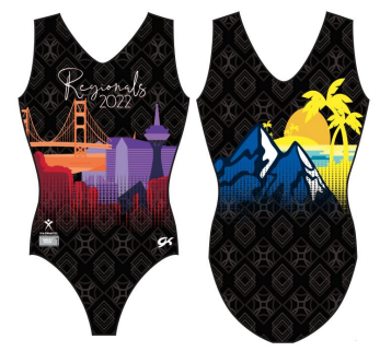 Swimsuit with designs of a city skyline, bridge, and mountains, representing regional themes.