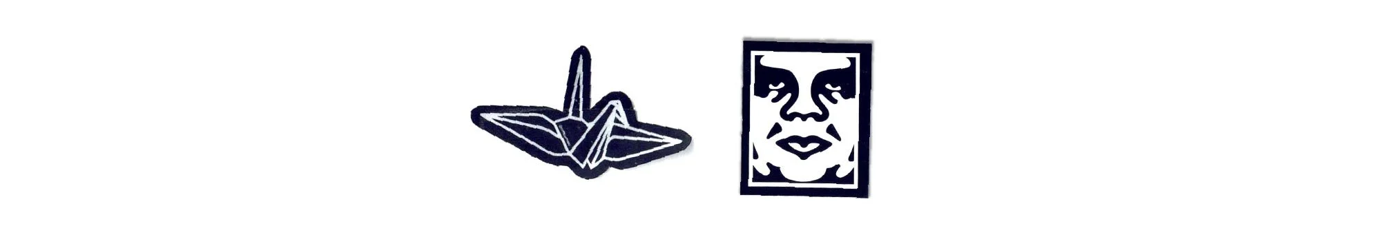Line drawing of a paper origami crane and a stylized face sketch inside a rectangle