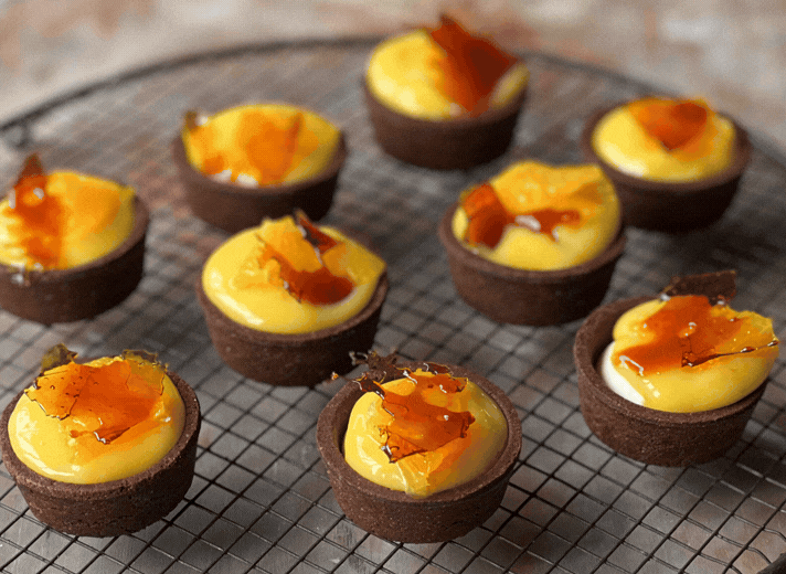 Pauline’s Chocolate Tartlets with Cream, Orange Curd &amp; Caramel