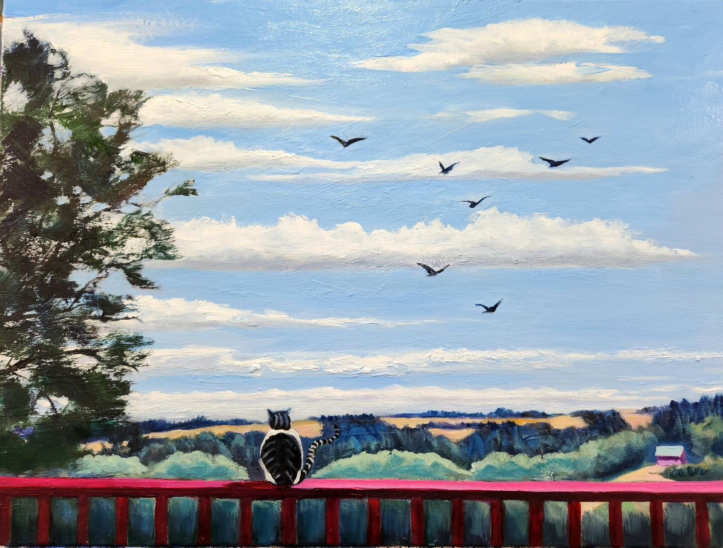 &quot;Hope Has Wings&quot; 
Oil on canvas 

This started out as a plain cloudscape from our terrace but it was boring! So, I added our cat, Mickey, our red fence and the doves that often fly by. Better. 

#catpaintings
##cloudpainting #landscapepaint