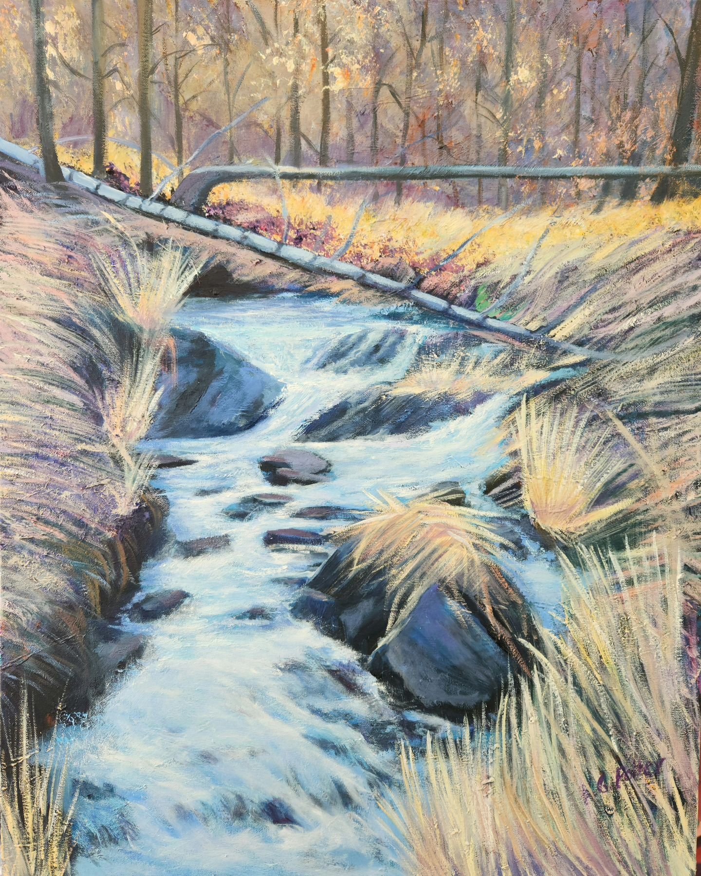 &quot;Fall Creek&quot;
30x24 oil on canvas

Will be in my show @oswaldrestaurant next week! We are hanging the show this coming Wednesday morning. My dear husband is finishing the framing while recovering from hernia surgery. 
Reception Saturday May 