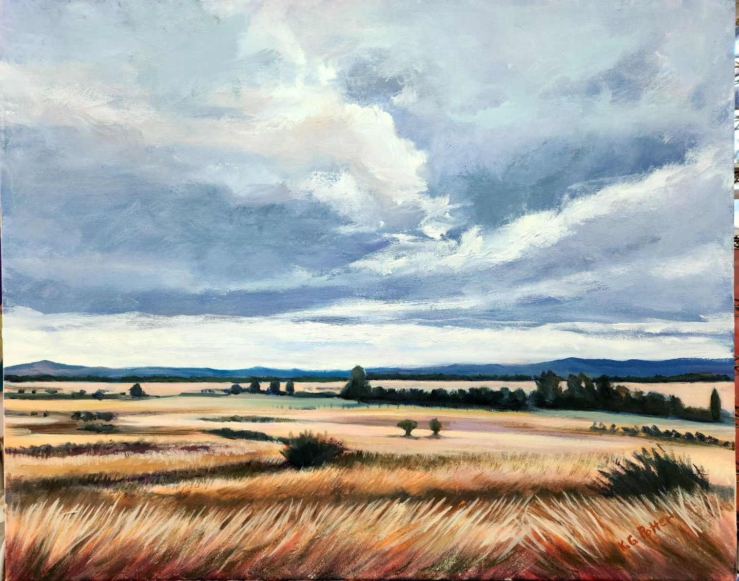 &quot;Clouds Over Field and Farm&quot;
Another cloud painting planned to be in my show @oswaldrestaurant in downtown SantaCruz.  Reception Saturday May 4th 5-6:30. Show up May and June. Come say hello. 

#cloudpaintingoverfields
#californialandscapep