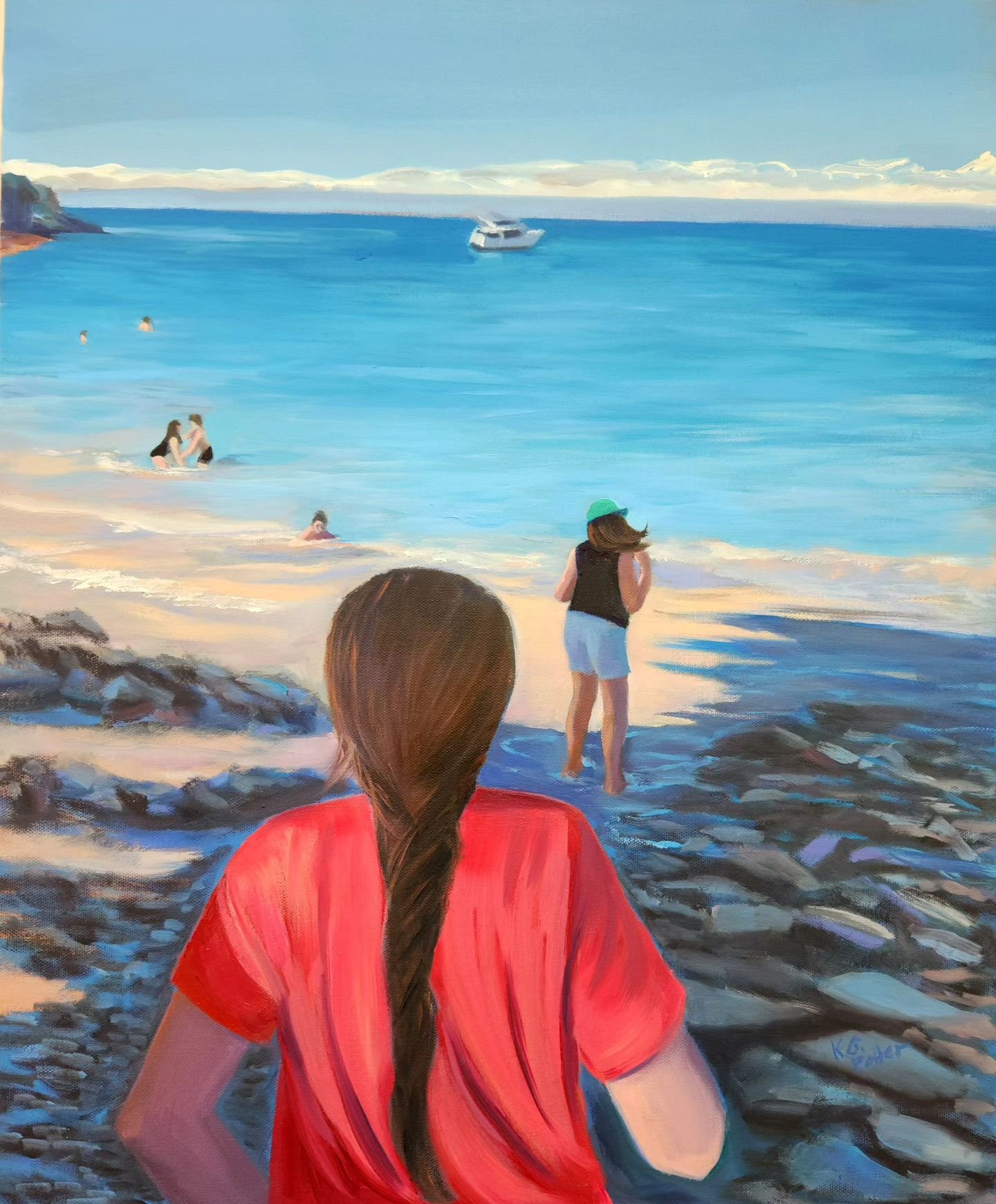 This is the first painting you will see @oswaldrestaurant, where my solo show will be up all of May and June. 
Reception this Saturday 5-6:30!

This is a painting of my granddaughters on a day trip to Catalina Island. 

#landscapeoilpainting #figures
