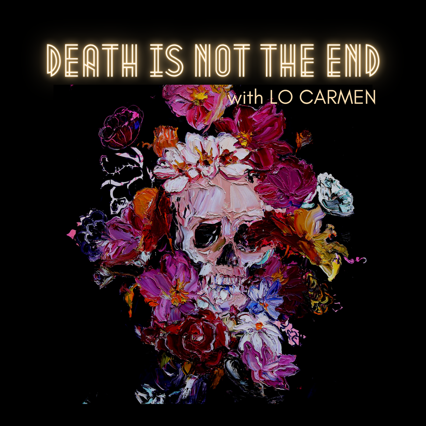 A vibrant painting of a human skull surrounded by and intertwined with colorful flowers on a black background.