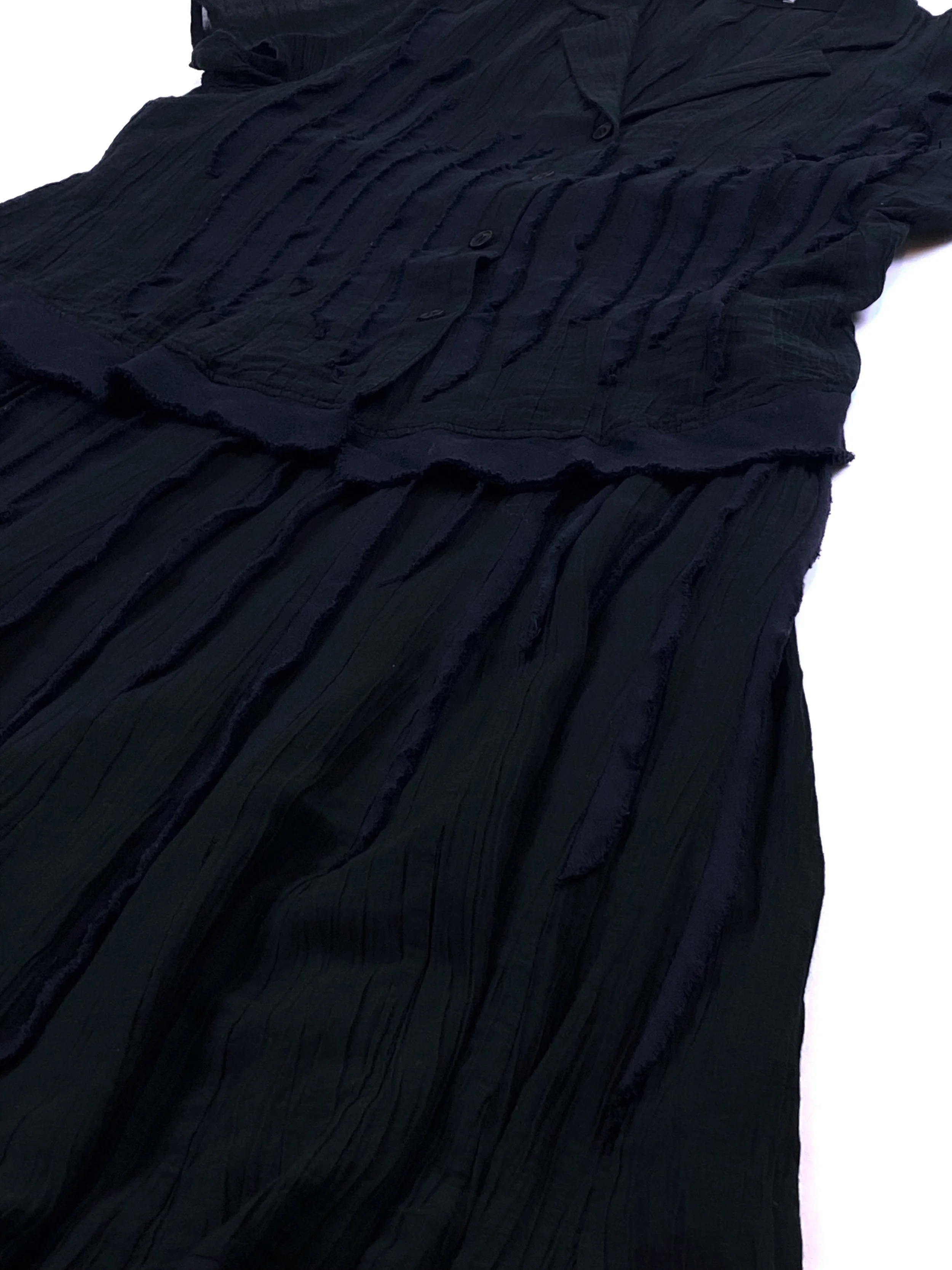 ISSEY MIYAKE two piece skirt & shortsleeve button through top set with blue raw edge detail 514.jpg