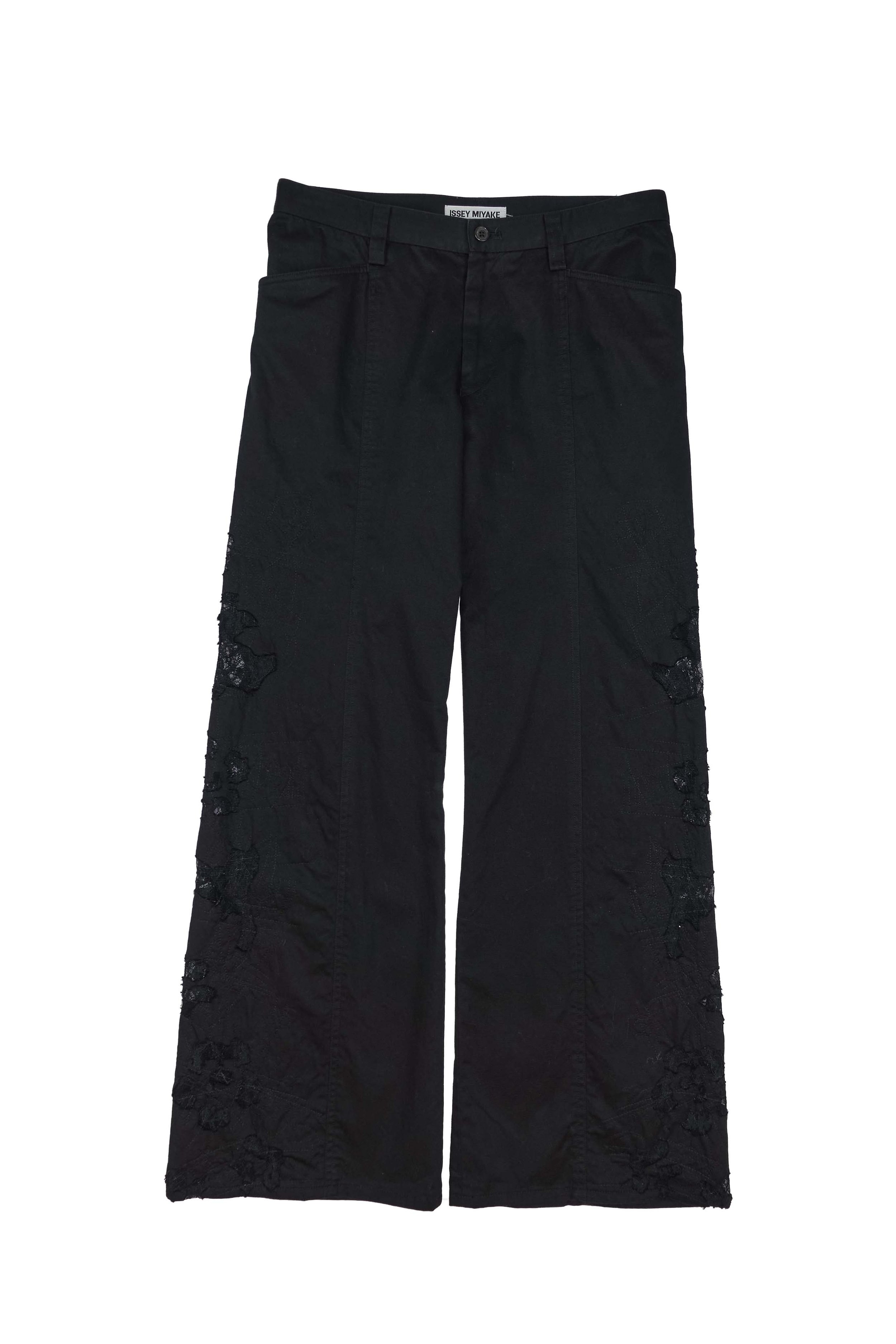 Issey Miyake lace cutout wide leg black trousers