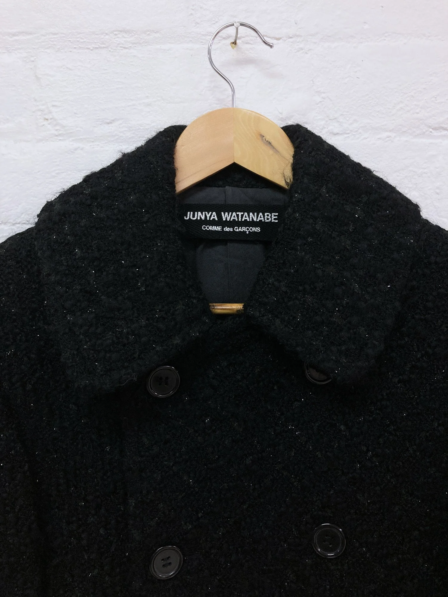 FS1582_Junya Watanabe Comme des Garcons black wool boucle unfinished hem pea coat_03.jpg