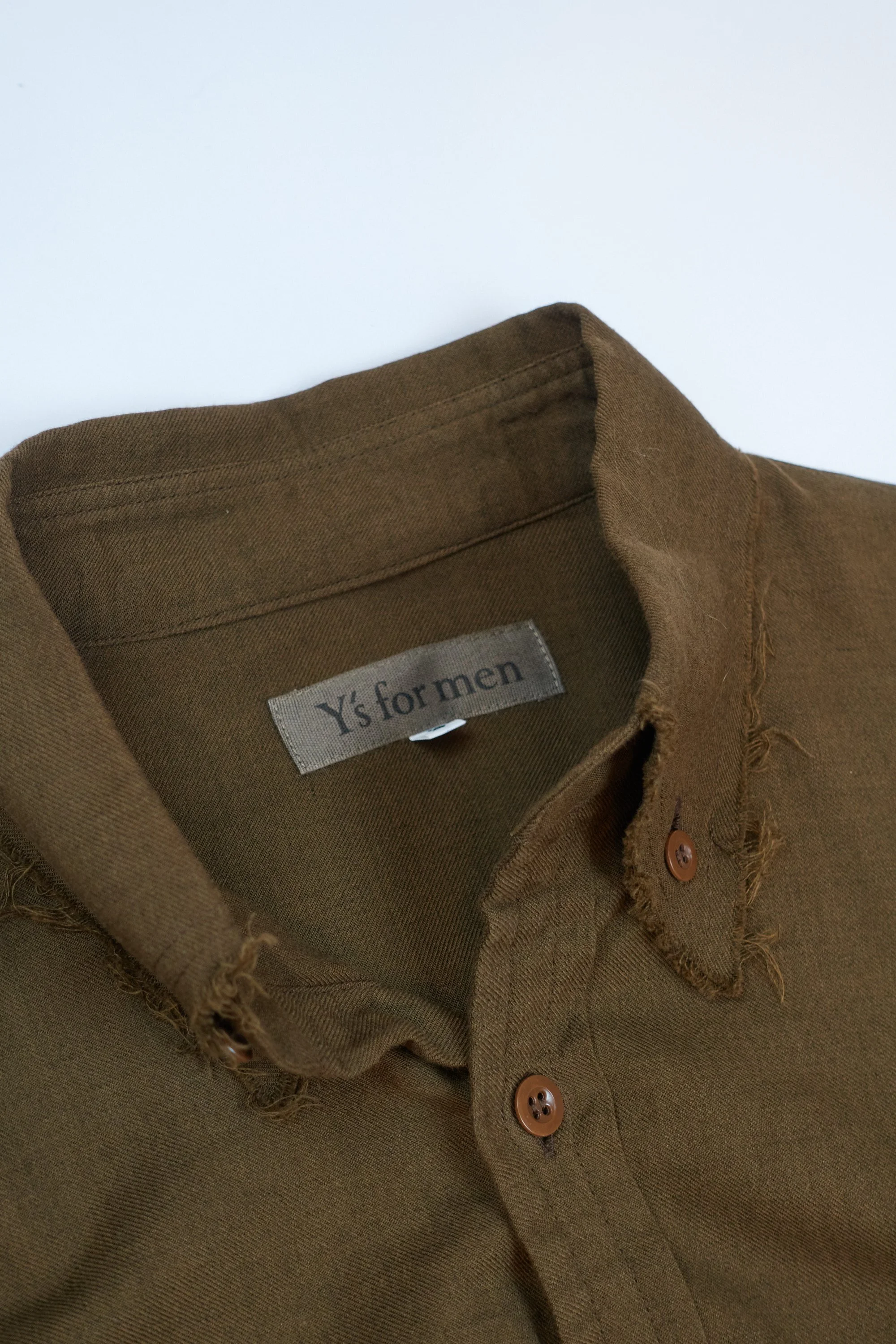 221118 Y's for men brown button through with raw edge details 0825.jpg