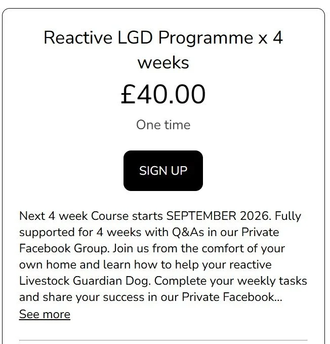 Advertisement for a four-week reactive livestock guardian dog training course starting in September 2026, costing £40, with a sign-up button and additional details.
