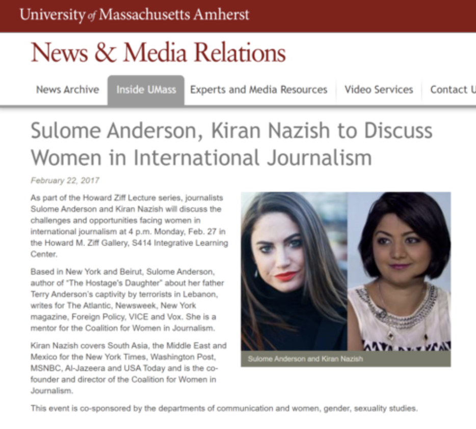 Sulome Anderson, Kiran Nazish to Discuss Women in International Journalism