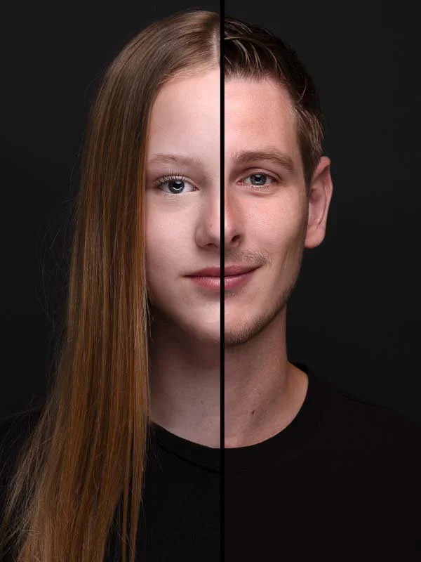 Een gedeeld portret van een jonge vrouw en een jonge man, gescheiden door een verticale lijn, met een effen zwarte achtergrond.