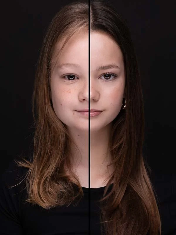 Een portretfoto van een jong meisje, met een linkerhelft die haar natuurlijke huid toont en een rechterhelft die haar gesmoothde en bewerkte huid toont.