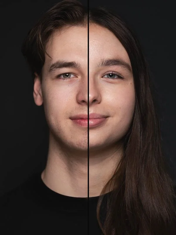 De afbeelding toont een getekend scheidingslijn die een jong mannelijke en vrouwelijke gezichtssymmetrische portret scheidt, met verschillende huidtinten en haarkleuren.