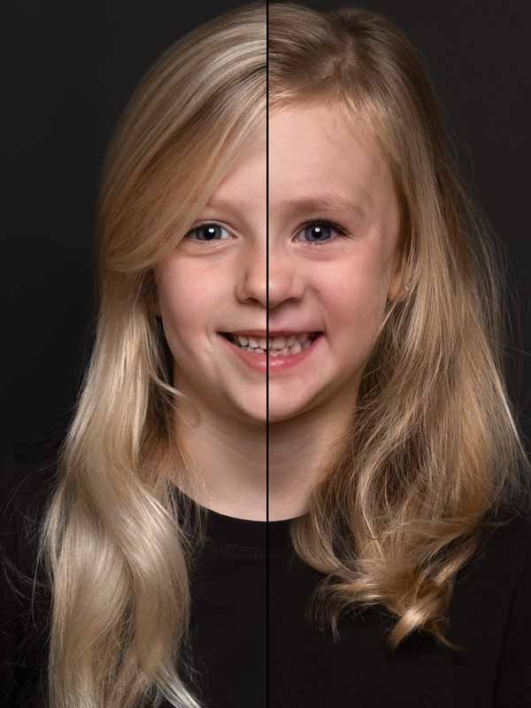 Een jonge blondharige meid met een glimlach, deels voor en achter een zwart achtergrond, gesplitst door een verticale lijn.