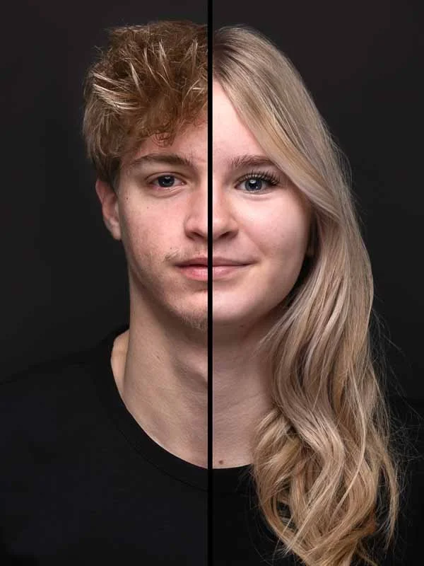Een split-beeld van een jonge man met kort, ruw bruin haar aan de linkerkant en een jonge vrouw met lang, golvend blond haar aan de rechterkant.
