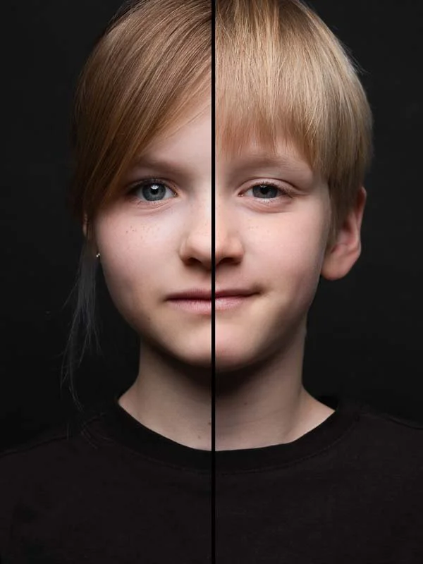 Portret van een jongen en een meisje met een zwart achtergrond, met half gezicht gesplitst.