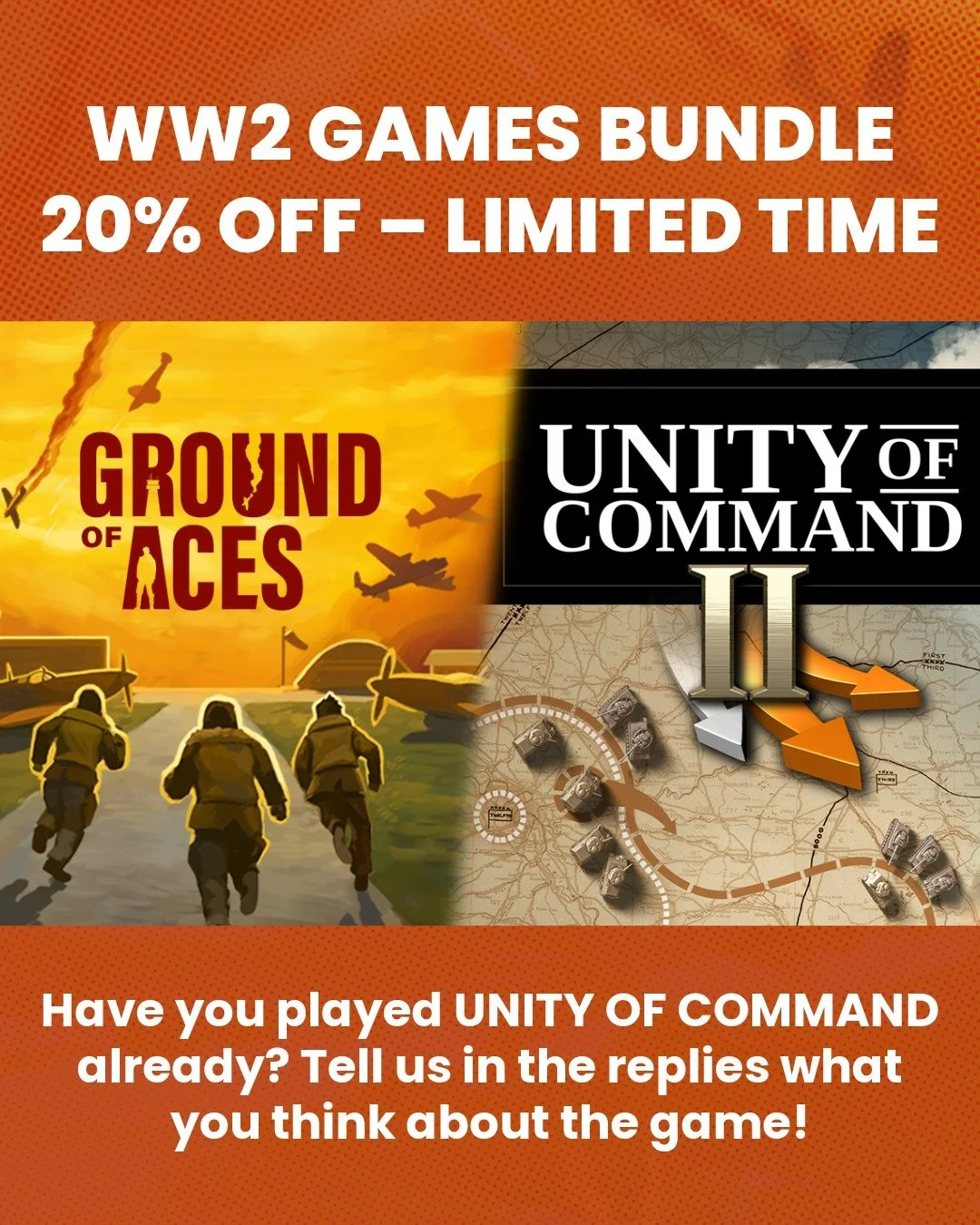 Two WWII strategy games. One powerful bundle. Ground of Aces + Unity of Command II are now available together for 20% off &ndash; only for a limited time!

Take charge of history:  https://store.steampowered.com/bundle/62712/Ground_of_Aces_x_Unity_of