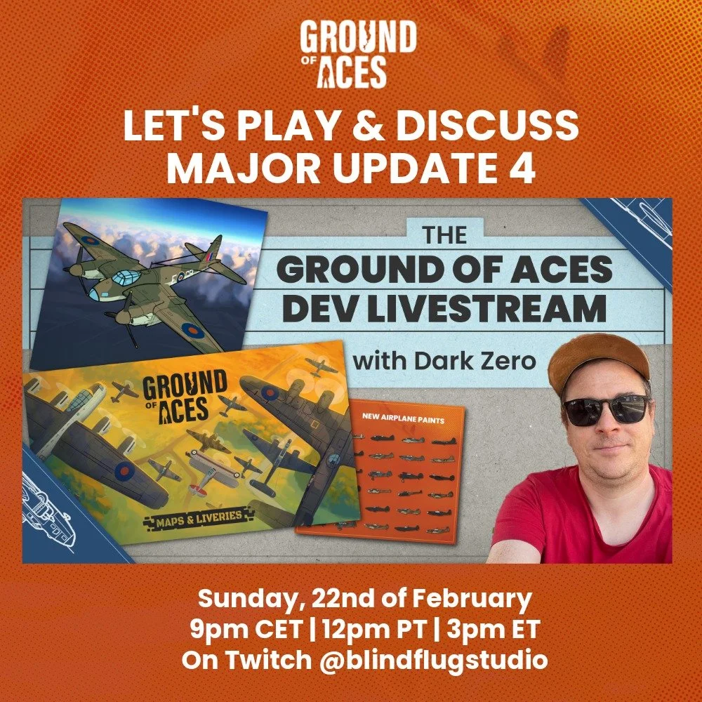 📺 Dark Zero returns! Moritz will livestream Ground of Aces on Sunday to showcase the new Major Update 4 content. Come hang out, share feedback, and ask your questions live!

📅 Sunday, Feb 22
⏰ 9pm CET | 12pm PT | 3pm ET
📍 https://www.twitch.tv/bli