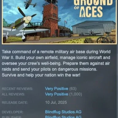 This week our game GROUND OF ACES reached 1000 reviews on Steam! Thank you to everyone who left a review! Each one really helps an indie game like ours. 🧡

(In the 2nd screenshot you see what was the 1000th review 🙃)