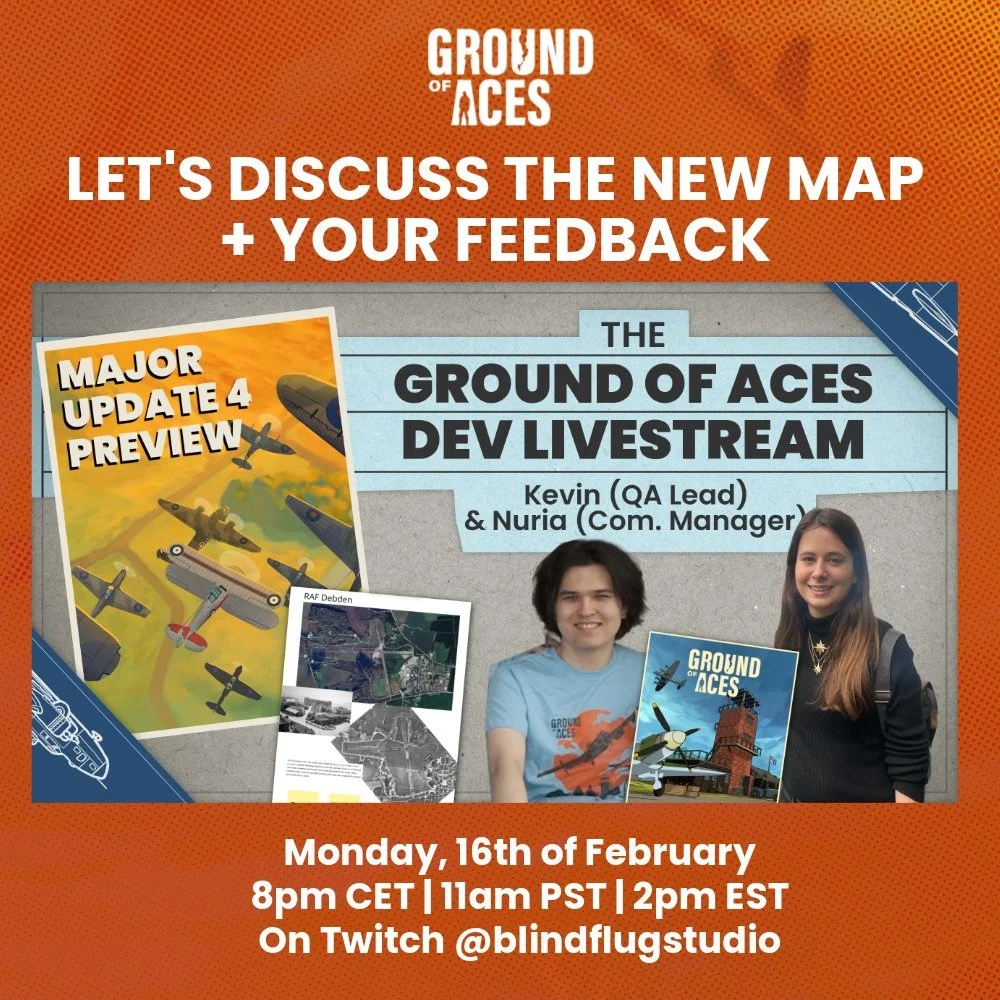 Ground of Acews Dev Livestream on Monday! Join QA lead Kevin and community manager Nuria to talk about the new features of the upcoming Major Update 4. Share your feedback with us in the livechat and learn the design choices for the new map, RAF Debd